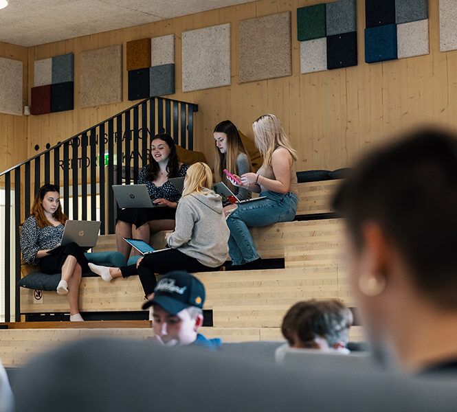 Lukiolaisia istumassa ja opiskelemassa Maalahden lukion puisilla portailla rakennuksen sisällä.